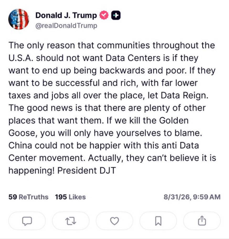 Screenshot of a Truth Social post by Donald J. Trump about data centers.